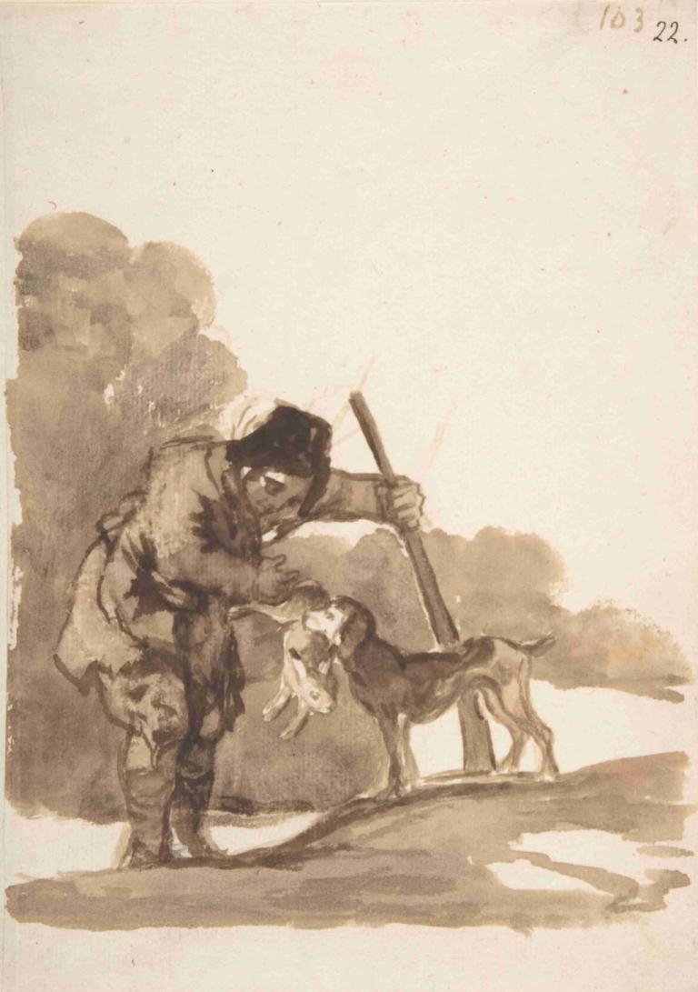 Rabbit hunter with a Retriever,Người săn thỏ mang theo một con chó săn.,Francisco de Goya,Francisco Degoya.