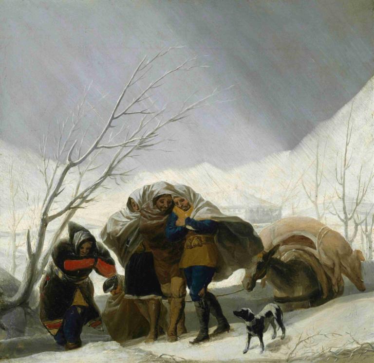 Winter Scene,Francisco de Goya,Oil Painting,Oil Painting, multiple boys, tree, dog, outdoors, snow, boots