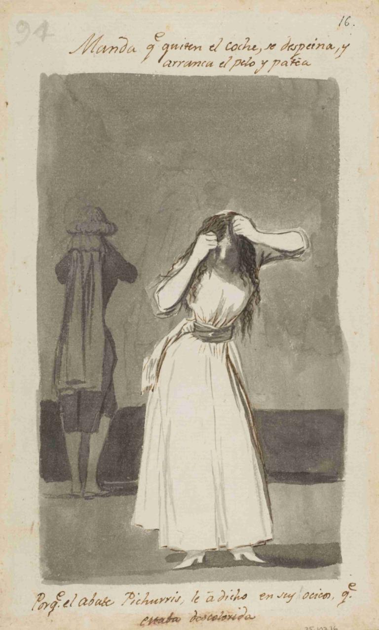 Woman throwing a tantrum and pulling her hair,Francisco de Goya,Copperplate Etching,Copperplate Etching