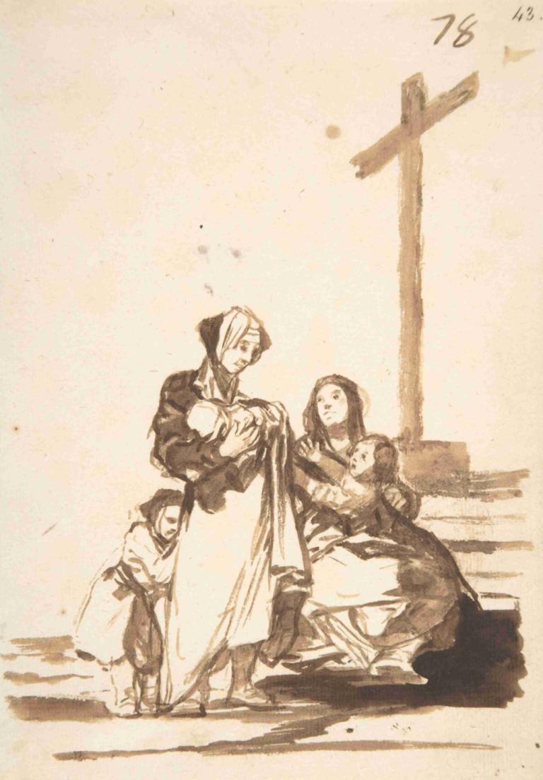 Women and children near a cross,Francisco de Goya,Copperplate Etching,Copperplate Etching, multiple girls