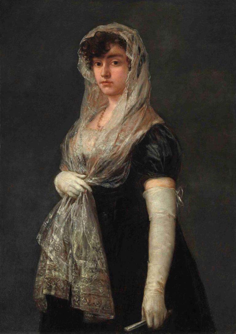 Young Lady Wearing a Mantilla and Basquina,Francisco de Goya,Oil Painting,Oil Painting, solo, gloves