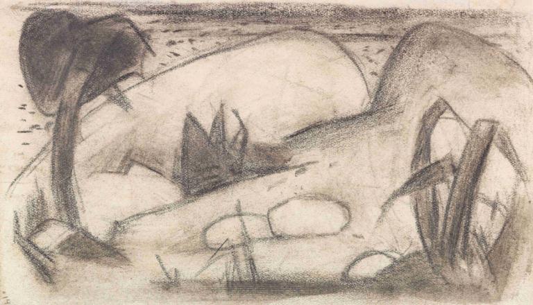 Abstrahierte exotische Landschaft,Franz Marc,Copperplate Etching,Copperplate Etching, monochrome, 1girl