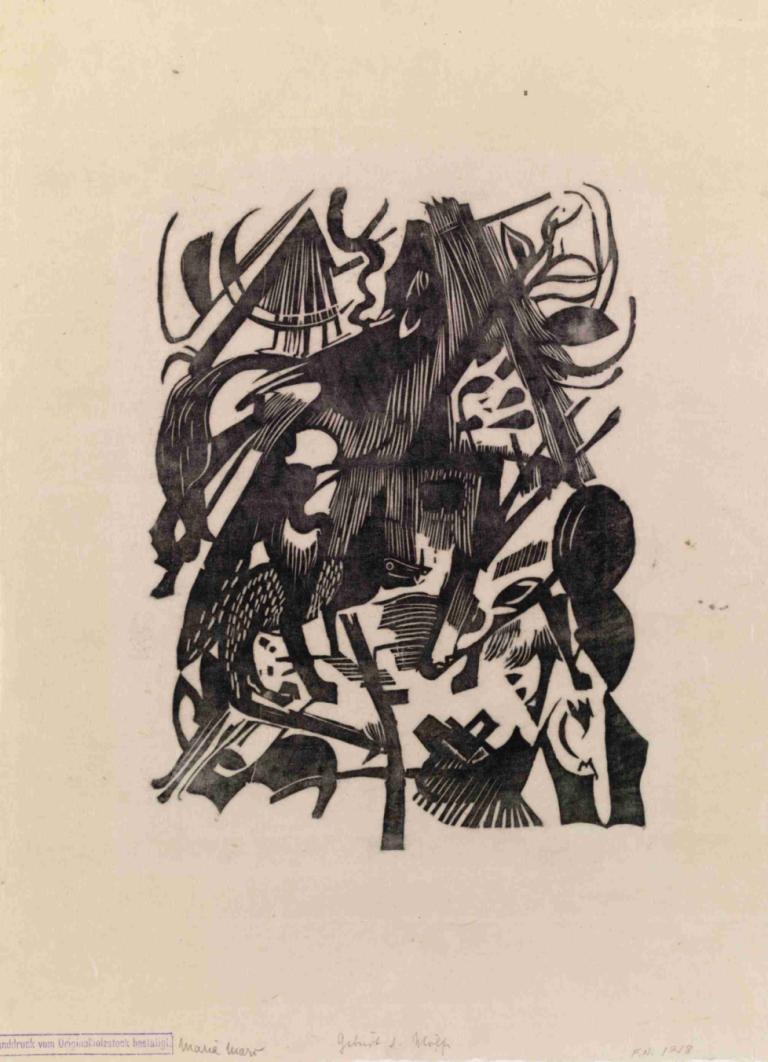 Birth of the Wolves,Franz Marc,Copperplate Etching,Copperplate Etching, monochrome, weapon, solo, sword, 1boy