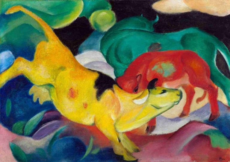 Cows, red, green, yellow,Franz Marc,Oil Painting,Oil Painting, no humans, pokemon (creature)