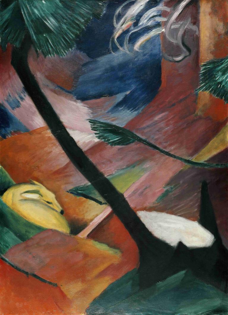 Deer in the Forest II,Franz Marc,Oil Painting,Oil Painting, pokemon (creature), no humans, closed eyes