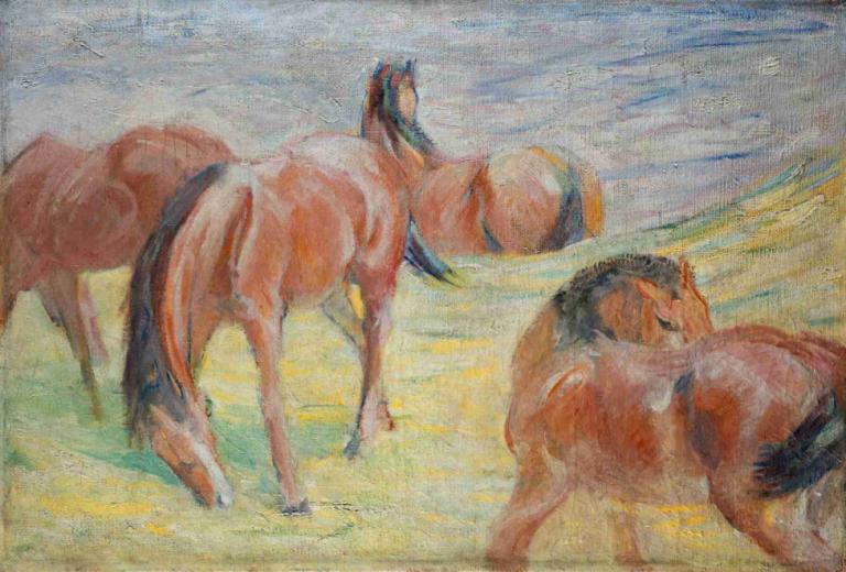 Grazing Horses I,Menggembalakan Kuda I,Franz Marc,Lukisan cat minyak,Lukisan cat minyak, tidak ada manusia