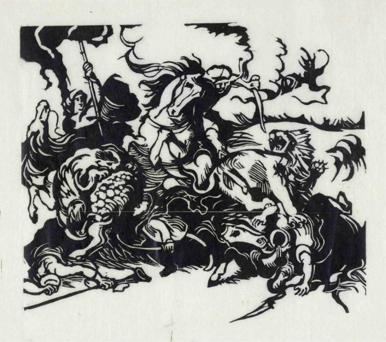 Lion hunt for Delacroix,Polowanie na lwa Delacroix,Franz Marc,Trawienie miedziorytu,Trawienie miedziorytu