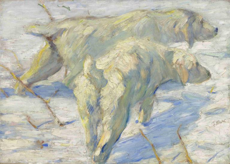 Siberian Dogs in the Snow,눈 속의 시베리아 개,Franz Marc,프란츠 마크,오일 페인팅,오일 페인팅, 인간은 없어, 눈, 동물, 전통 미디어, 회화 (중), 수채화 (중)