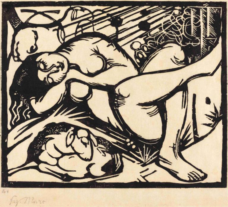 Sleeping Shepherdess (Schlafende Hirtin),잠자는 양치기,Franz Marc,프란츠 마크,동판 에칭,동판 에칭, 여자 1명, 단색화, 나체상, 가슴, 맨발, 독주