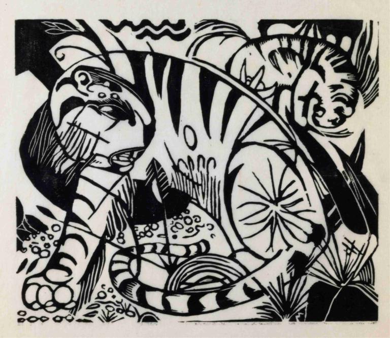 Tiger,Franz Marc,Kopparplåt Etsning,Kopparplåt Etsning, svartvit, traditionella medier, gråskala