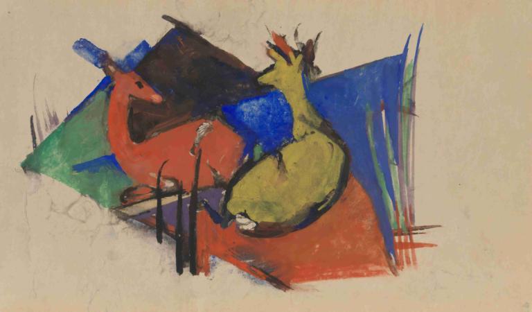 Two Deer Lying Down,Två hjortar ligger ner,Franz Marc,Oljemålning,Oljemålning, inga människor