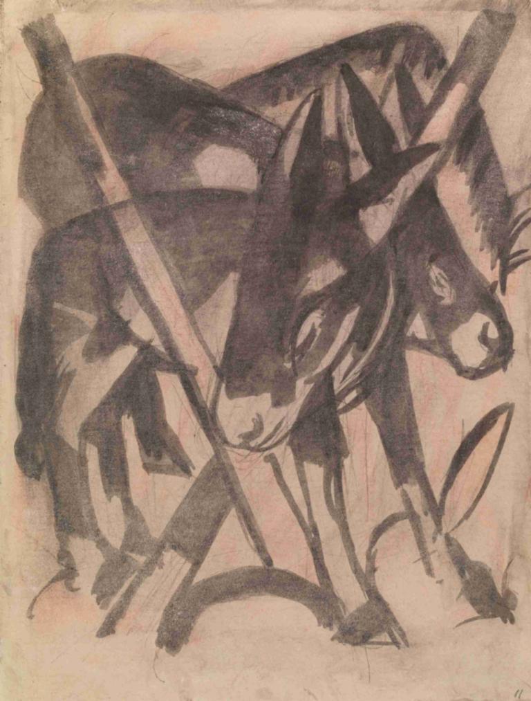 Two Donkeys,Två åsnor,Franz Marc,Kopparplåt Etsning,Kopparplåt Etsning, svartvit, pokemon (varelse)