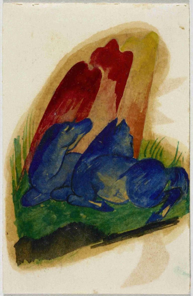 Two blue horses in front of a red rock,Två blå hästar framför en röd klippa,Franz Marc,Oljemålning