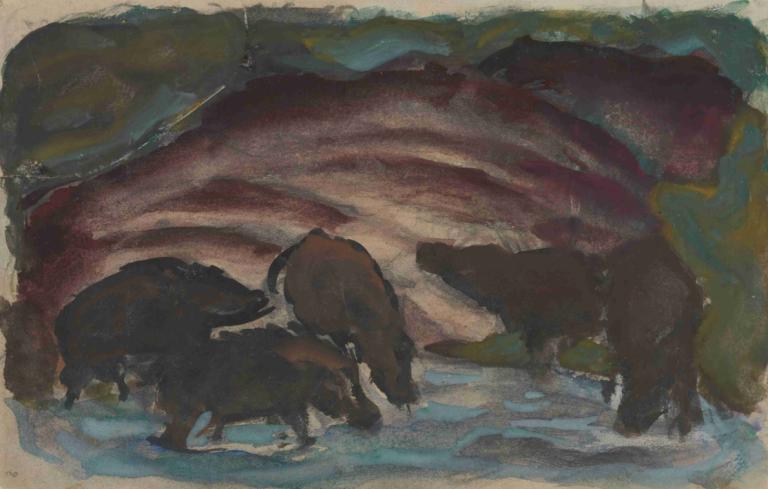 Wild Boars in the Water,Vildsvin i vattnet,Franz Marc,Oljemålning,Oljemålning, inga människor, vatten