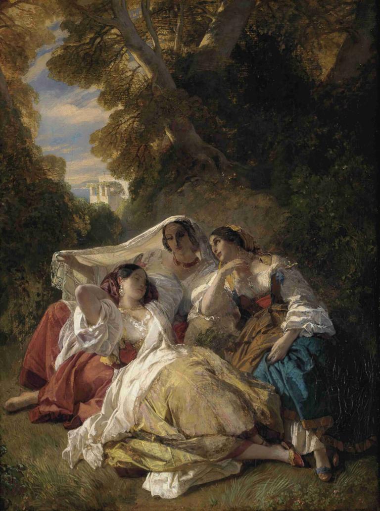 La Siesta,Franz Xaver Winterhalter,Oil Painting,Oil Painting, tree, outdoors, fine art parody, sitting