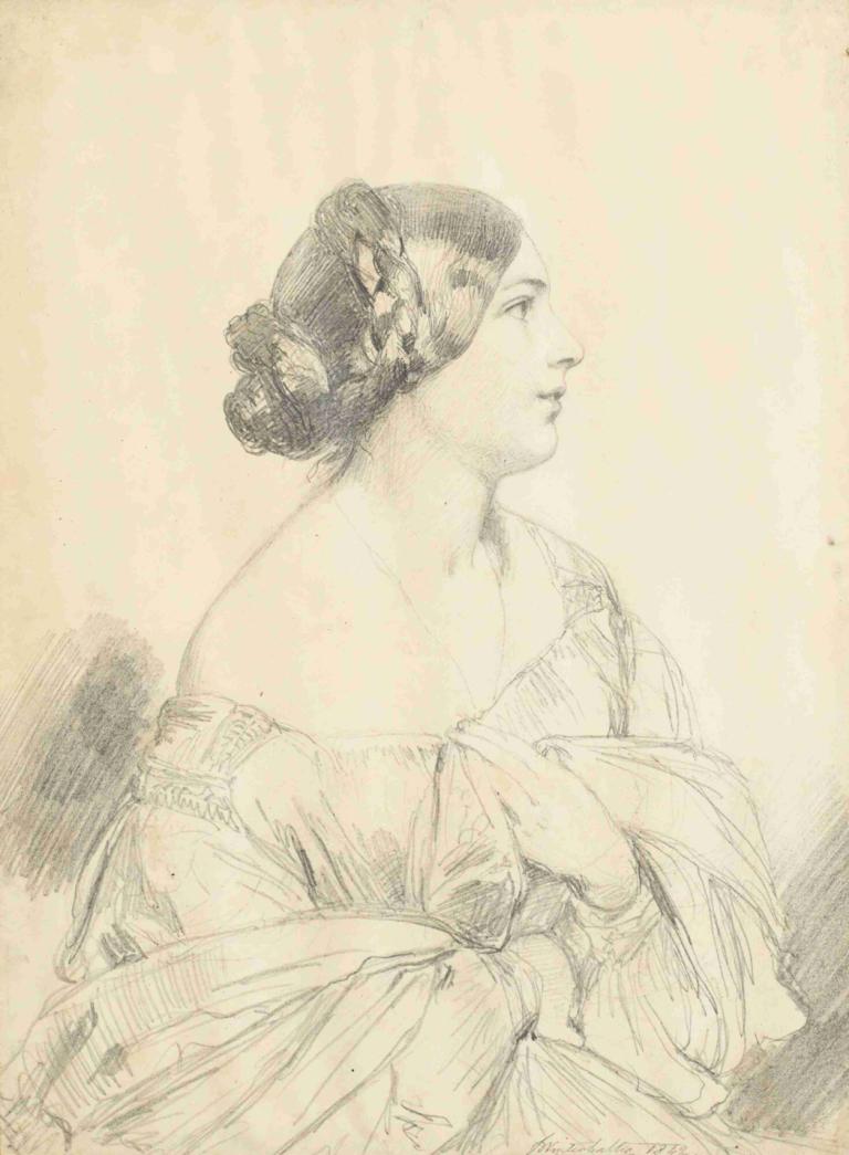 Portrait Of Louise Hay, Future Baronne Gudin,Franz Xaver Winterhalter,Sketch,Sketch, 1girl, solo, monochrome