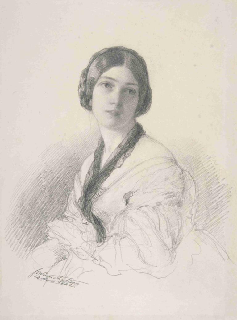 Portrait of Baroness Gudin, née Margareth Louis Hay,Franz Xaver Winterhalter,Sketch,Sketch, 1girl, solo