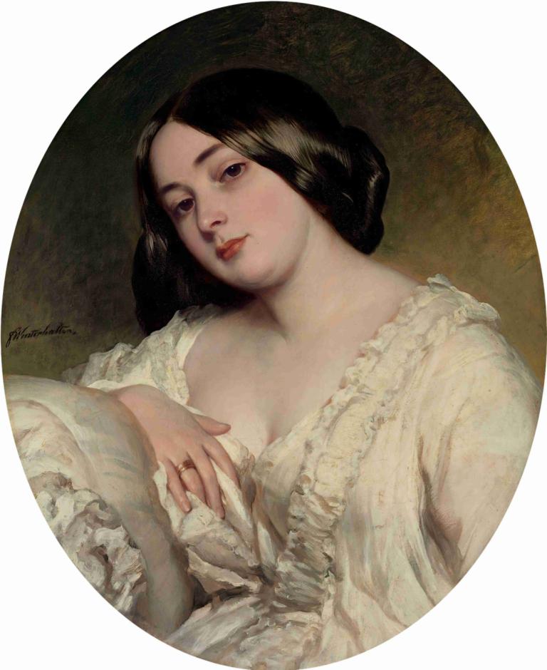 Portrait of a lady,Franz Xaver Winterhalter,Oil Painting,Oil Painting, 1girl, solo, black hair, dress