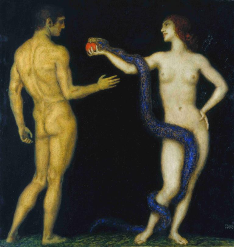 Adam and Eve,Franz von Stuck,Oil Painting,Oil Painting, fine art parody, 1girl, 1boy, nude, ass, parody