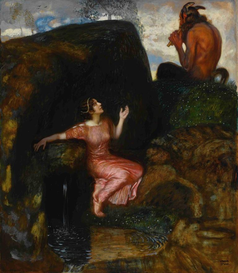 An Der Quelle,Franz von Stuck,Oil Painting,Oil Painting, fine art parody, 1girl, dress, water, parody