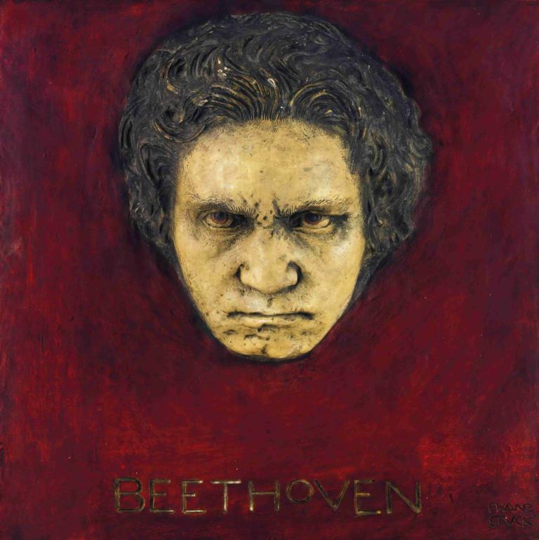 Beethoven,Franz von Stuck,Illustration,Illustration, solo, 1boy, male focus, black hair, red background