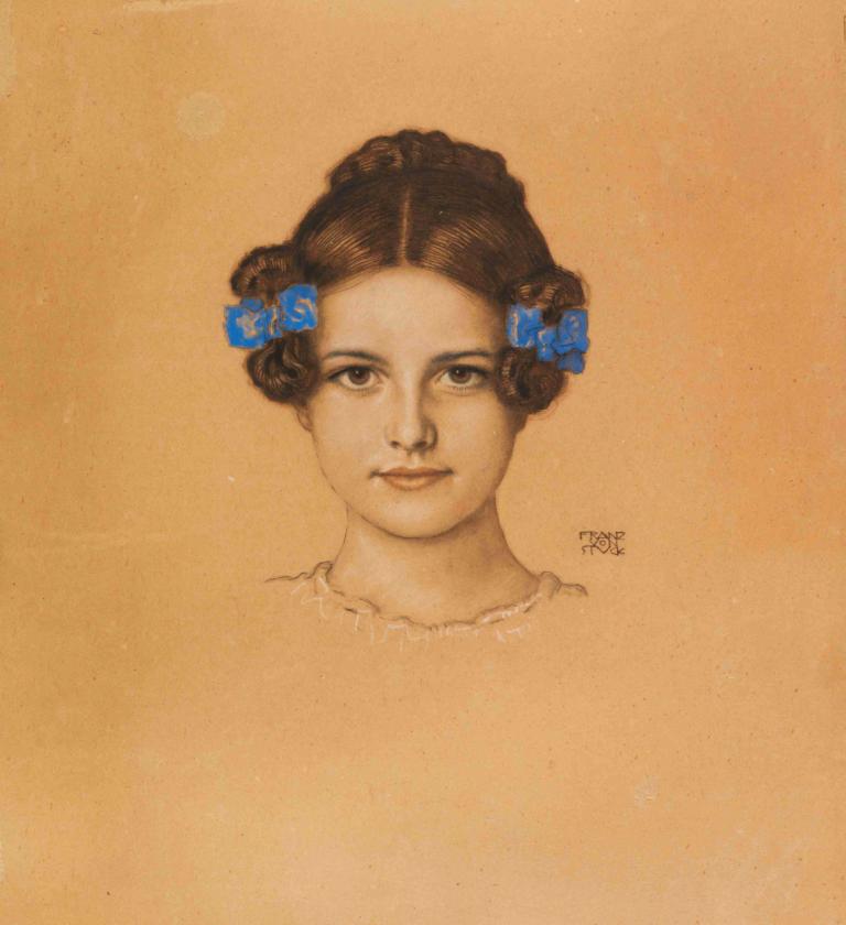 Bildnis der Tochter Mary,Franz von Stuck,Color Sketch,Color Sketch, 1girl, solo, brown hair, bow, hair bow