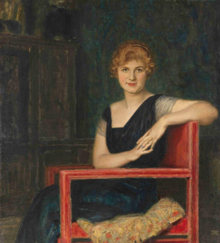 Bildnis einer Dame,Portret de doamnă,Franz von Stuck,Pictura in ulei,Pictura in ulei, 1 fata, solo, stând