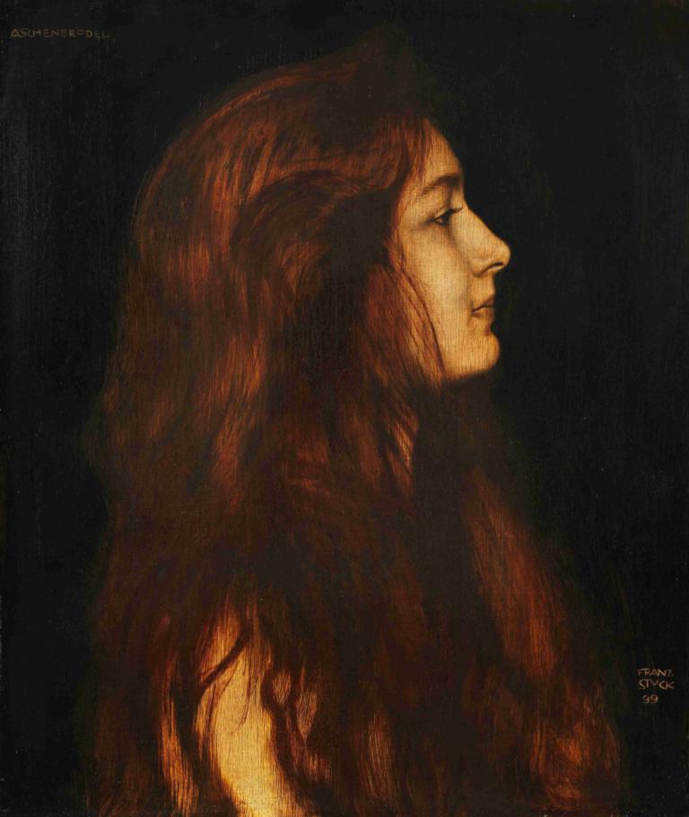 Cinderella,Franz von Stuck,Oil Painting,Oil Painting, solo, 1girl, long hair, profile, black background