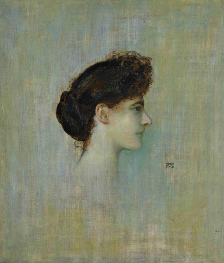 Damenbildnis [Portrait of a Lady],Franz von Stuck,Oil Painting,Oil Painting, solo, profile, 1girl, hair bun