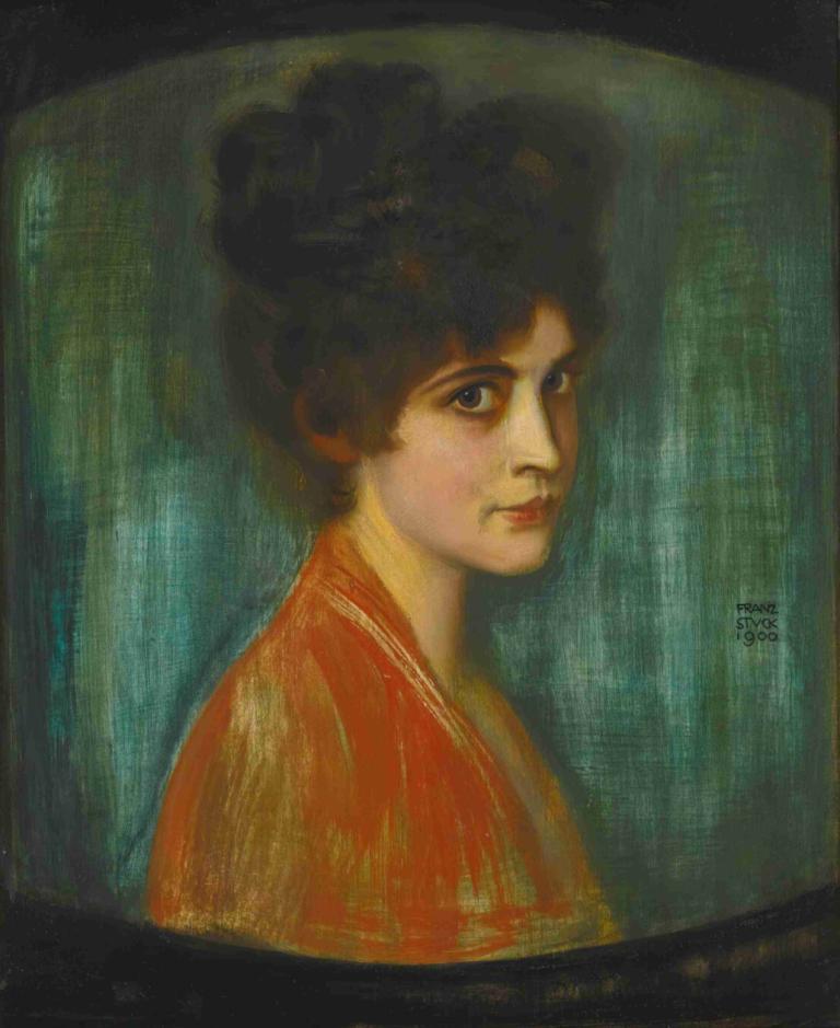 FRAU FEEZ,Franz von Stuck,Oil Painting,Oil Painting, solo, 1girl, black hair, realistic, looking at viewer