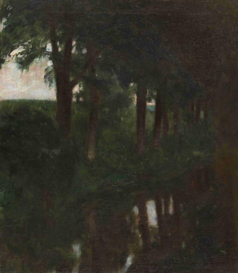 Forellenweiher,Franz von Stuck,Oil Painting,Oil Painting, nature, no humans, scenery, tree, forest, outdoors