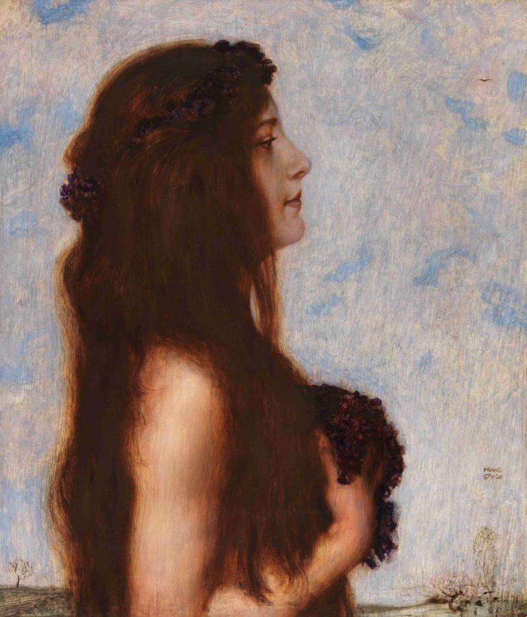 Frühling,春,Franz von Stuck,フランツ・フォン・シュトゥック,油絵,油絵, 1女の子, ソロ, 長い髪, 現実的な, 茶髪, 従来のメディア, プロフィール, 偽の伝統的メディア, ヌード