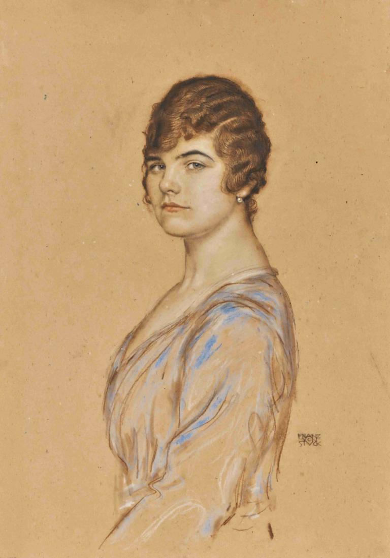 Girl in a Blue Dress,Franz von Stuck,Color Sketch,Color Sketch, 1girl, solo, brown hair, traditional media