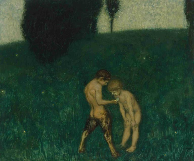 Glühwürmchen [firefly],반딧불이 [반딧불이],Franz von Stuck,프란츠 폰 스턱,오일 페인팅,오일 페인팅, 나체상, 여러 소년, 남성 집중, 2boys, 잔디, 맨발