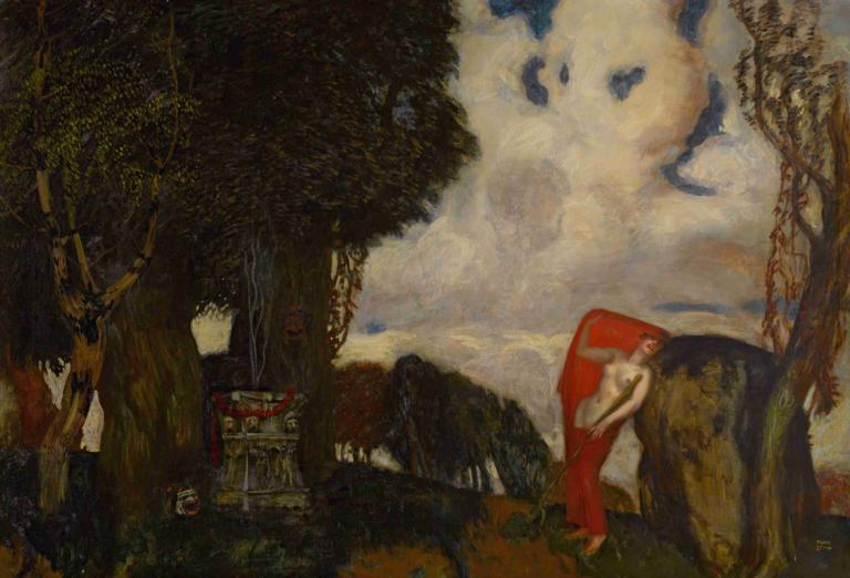 Iphigenia In Aulis,Franz von Stuck,Oil Painting,Oil Painting, tree, solo, cloud, outdoors, 1boy