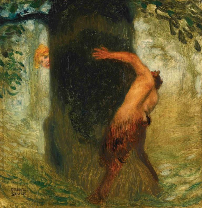 Neckerei [The Tease],Neckerei[戲弄],Franz von Stuck,弗朗茨·馮·卡頓,油畫,油畫, 樹, 自然, 美術模仿, 金髮, 恐怖（主題）, 假傳統媒體, 獨奏, 1男孩, 森林