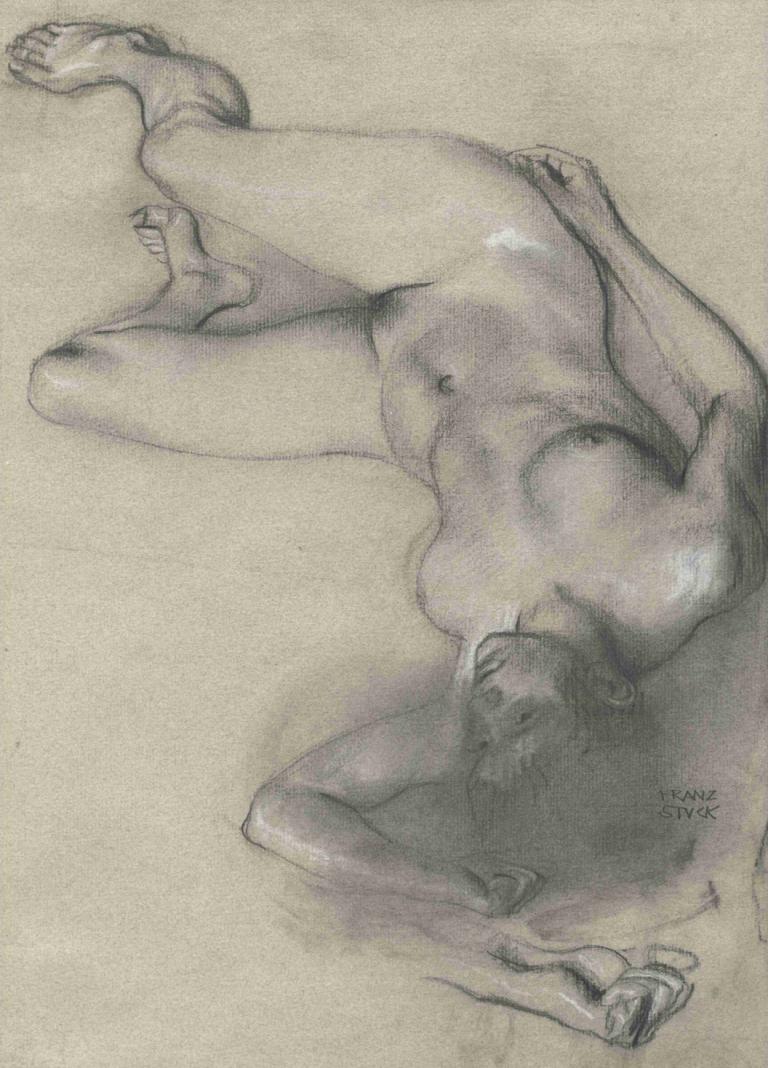 Nude Woman Lying on the Ground,Franz von Stuck,Sketch,Sketch, 1girl, solo, nude, monochrome, breasts