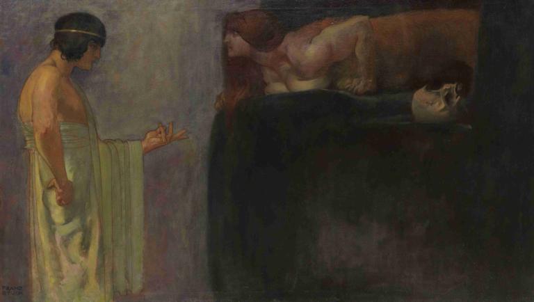 Oedipus solves the mystery of the Sphinx,俄狄浦斯解開了獅身人面像的謎團,Franz von Stuck,弗朗茨·馮·卡頓,油畫,油畫, 黑髮, 長髮, 多個男孩, 2個男孩