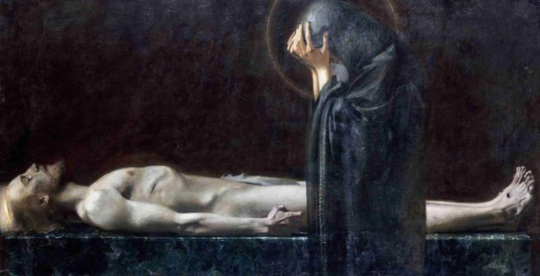 Pietà,Franz von Stuck,Oil Painting,Oil Painting, fine art parody, blonde hair, nude, robe, male focus, 1boy