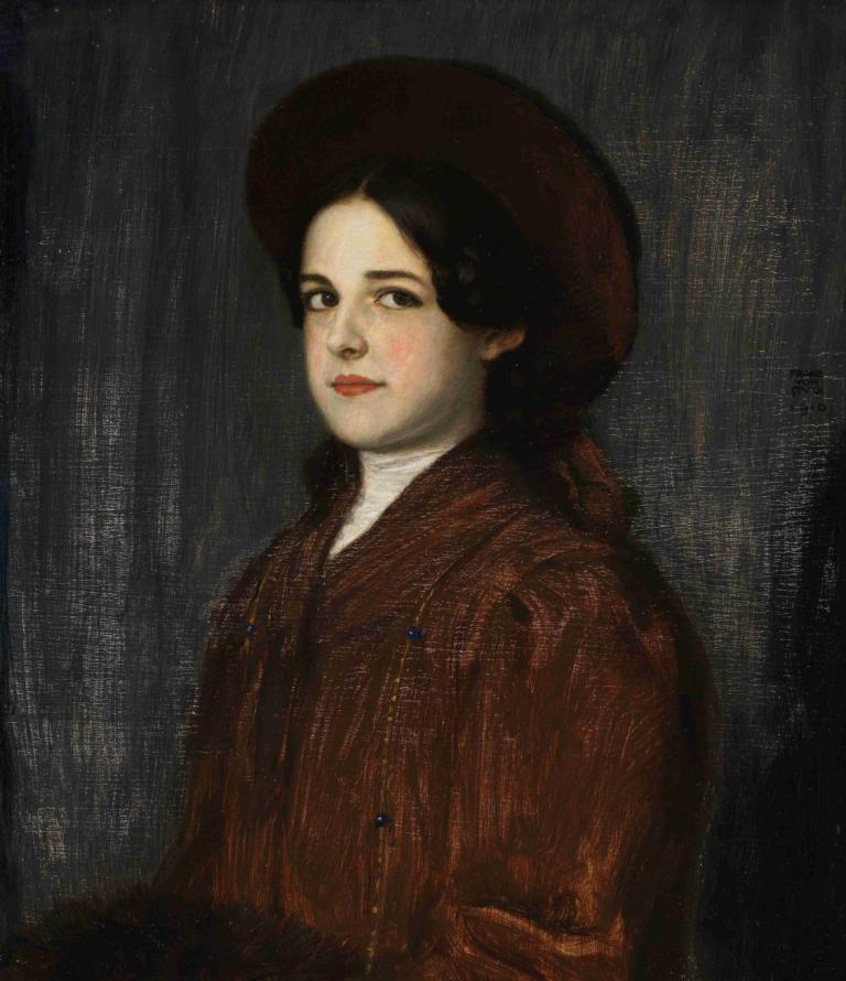 Porträt der Mary Stuck,玛丽-斯塔克肖像,Franz von Stuck,油画,油画, 1个女孩, 独奏, 黑发, 帽子, 看着观众, 上半身, 实际的, 红唇, 黑眼睛, 传统媒体, 长发