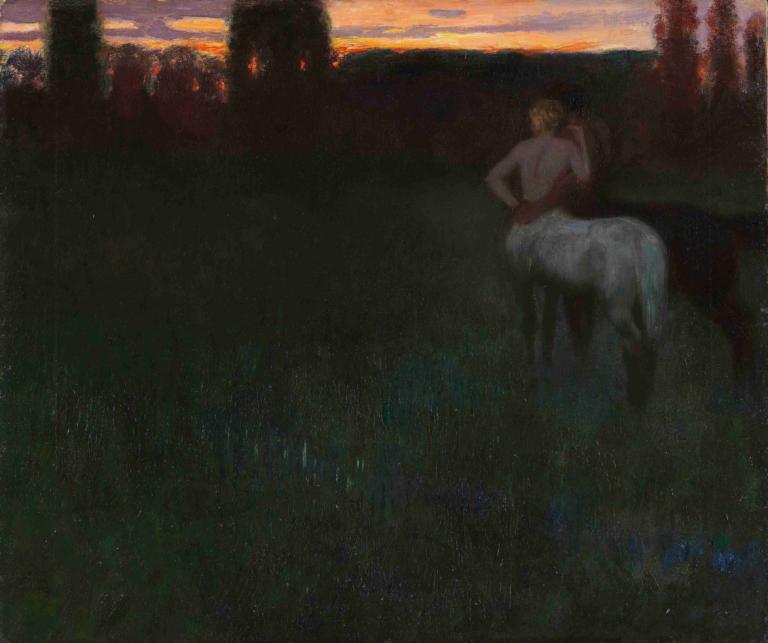 Sunset,Zonsondergang,Franz von Stuck,Olieverf,Olieverf, 1 jongen, mannelijke focus, solo, zonsondergang