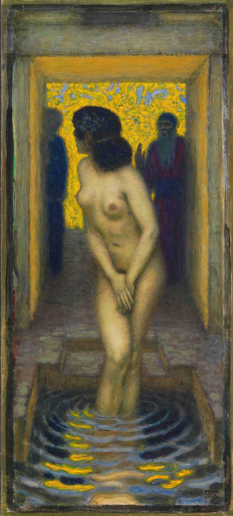 Susanna im Bade,Franz von Stuck,Illustration,Illustration, nude, nipples, breasts, fine art parody, 1girl