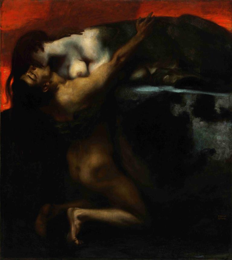 The Kiss of the Sphinx,스핑크스의 키스,Franz von Stuck,프란츠 폰 스턱,오일 페인팅,오일 페인팅, 나체상, 여자 1명, 미술 패러디, 가슴, 흑발, 긴 머리