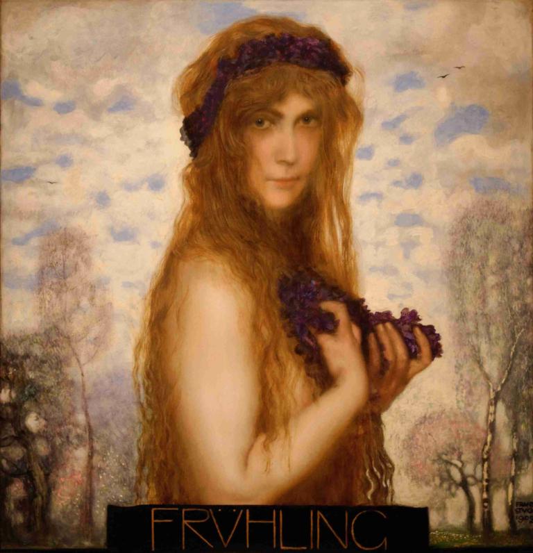 The Spring,Franz von Stuck,Oil Painting,Oil Painting, fine art parody, 1girl, long hair, realistic