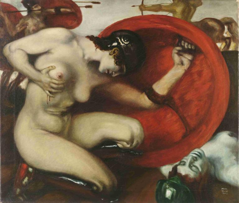 Wounded Amazon,Franz von Stuck,Oil Painting,Oil Painting, fine art parody, nipples, nude, breasts, 1girl