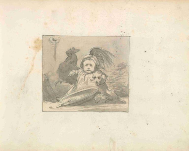 A Baby in 16th century Dress with a Rooster and a Dog,Frederic Leighton,Copperplate Etching