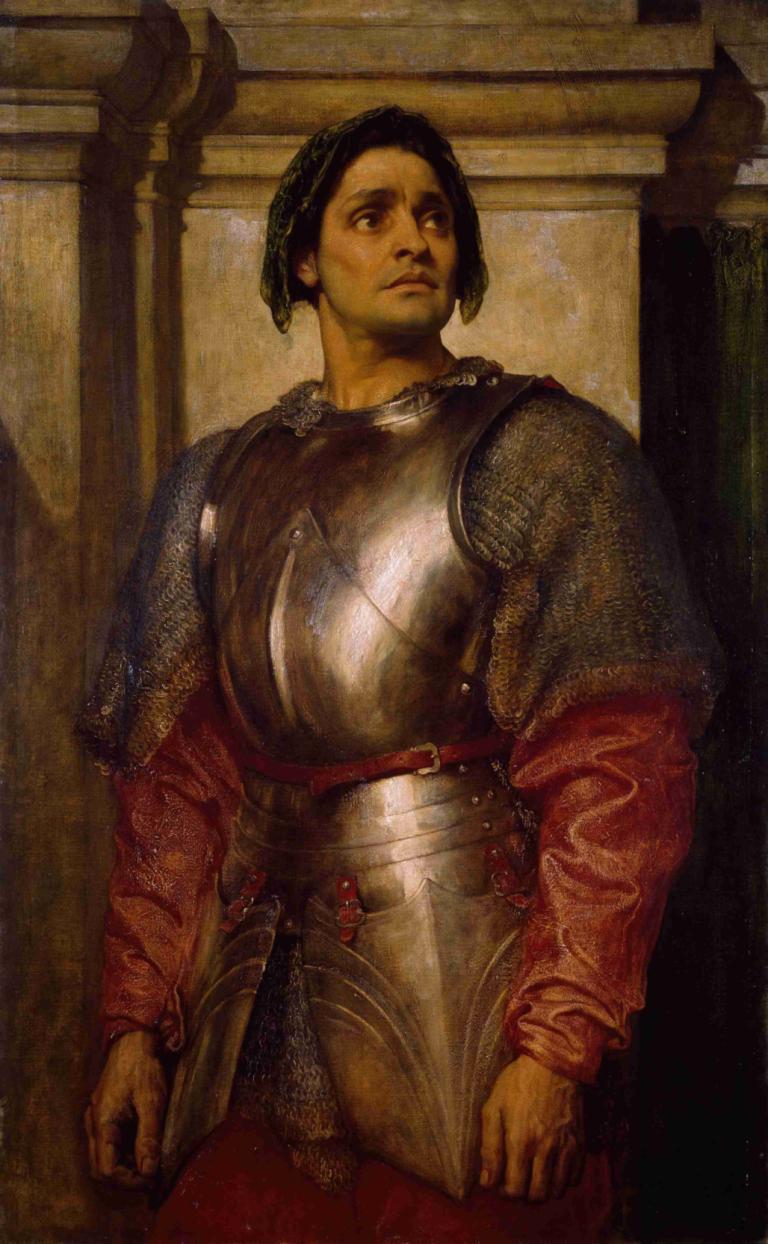 A Condottiere,Frederic Leighton,Obraz olejny,Obraz olejny, zbroja, solo, męskie skupienie, 1chłopiec