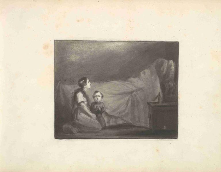 A Deathbed Scene,临终场景,Frederic Leighton,弗雷德里克-莱顿,铜版画,铜版画, 照片（物体）, 坐着, 1个女孩, 1男孩, 床, 单色, 孩子