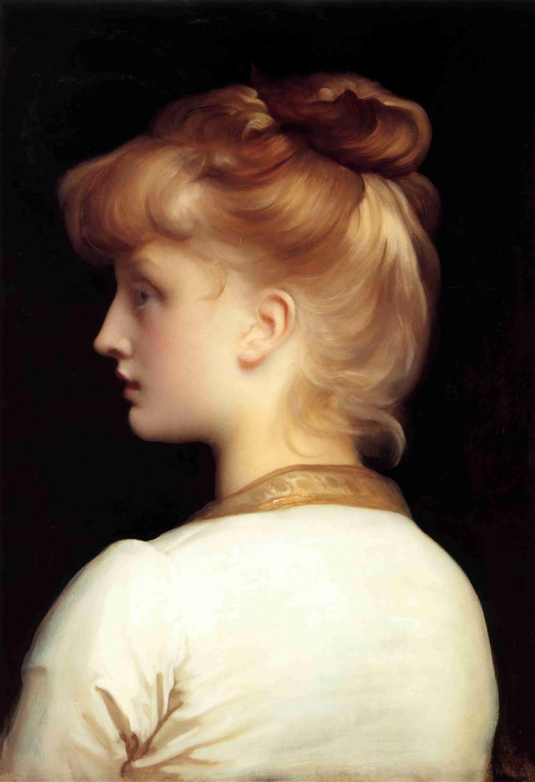 A Girl,Frederic Leighton,Oil Painting,Oil Painting, 1girl, solo, profile, hair bun, upper body