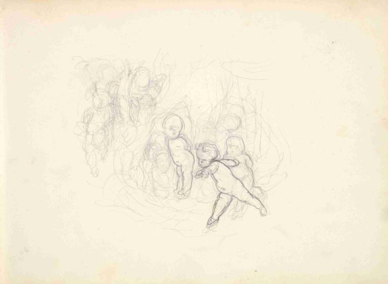 A Group of Children,Frederic Leighton,Sketch,Sketch, sketch, monochrome, 1girl